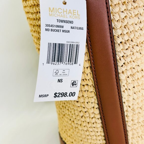 MICHAEL Michael Kors Townsend Straw Bucket Bag Tan Raffia Leather Tote - Picture 6 of 16